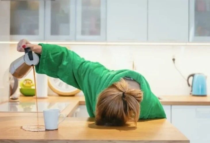 egy nő az asztalra teszi a fejét és úgy tölt kávét, a bögre mellé