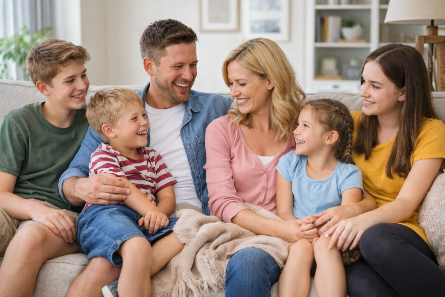 mozaikcsalád egy kanapén