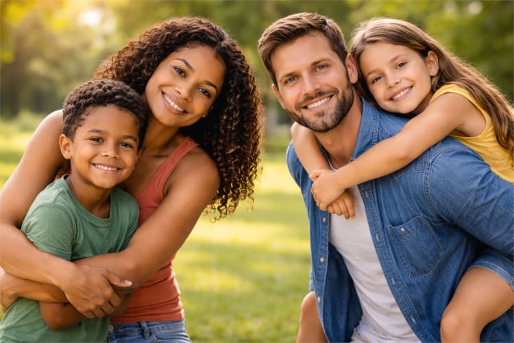 Európai anyuka, afroamerikai apuka hátukon a saját gyermekeikkel, mosolyognak.