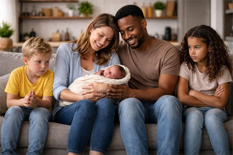 Európai anyuka, afroamerikai apuka egymás mellett. Anyuka kezében a közös gyerekük, mellettük saját gyermekeik egy kanapán, szomorúan.